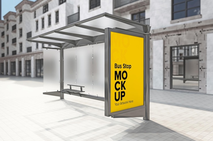 Parada de autobús cartelera señalización de refugio de autobús maqueta de renderización en 3D