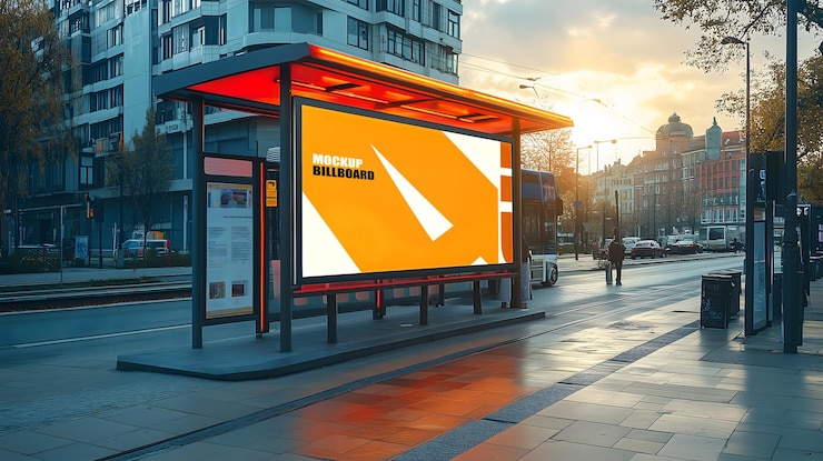 una parada de autobús con un letrero naranja brillante que dice móvil