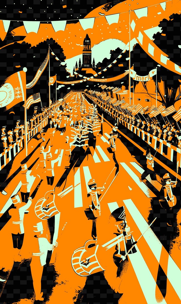 PSD parade scene with marching bands veterans and floats people creative illustration idea designs