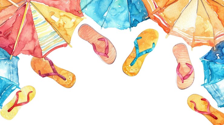 PSD paraguas coloridos y marco de chanclas con flores obra de arte de acuarela aig56