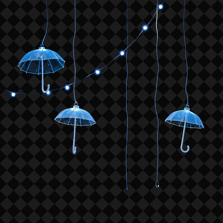 PSD los paraguas de cuerda decorativos y las gotas de lluvia las suaves luces de neón imitan la sensación del suave espectáculo de primavera