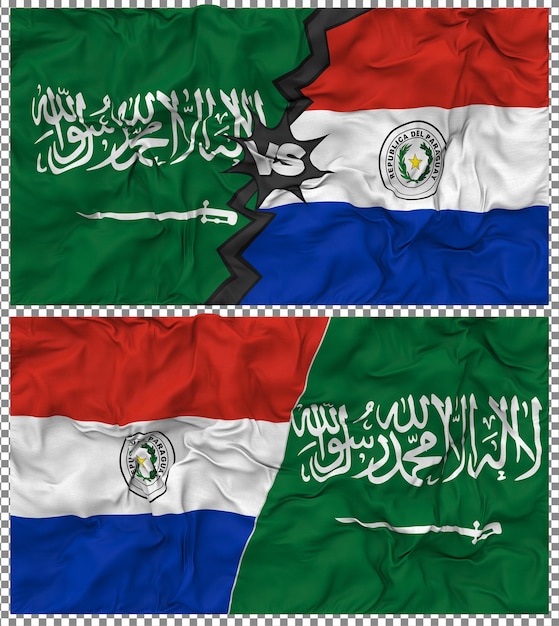 Paraguay contro l'Arabia Saudita Metà combinata bandiera tessuto bump consistenza rendering 3D