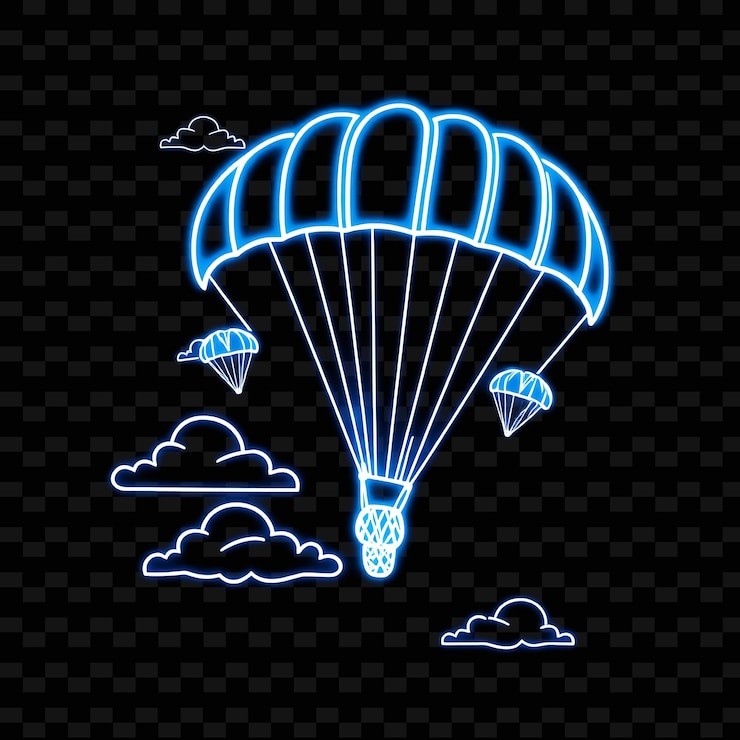 PSD parapente tonado con paracaídas diseño artístico de cielo de neón con ilustración azul aireado personaje de neón