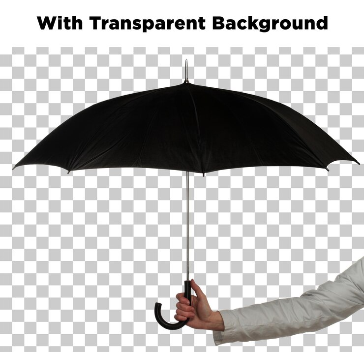 PSD un parapluie noir tenu par une main sur un fond transparent