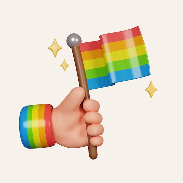 Parata dell'orgoglio LGBT Cartoon a mano che tiene la bandiera e celebra l'icona di uguaglianza bisessuale omosessuale transgender isolata su sfondo bianco Illustrazione di rendering 3D