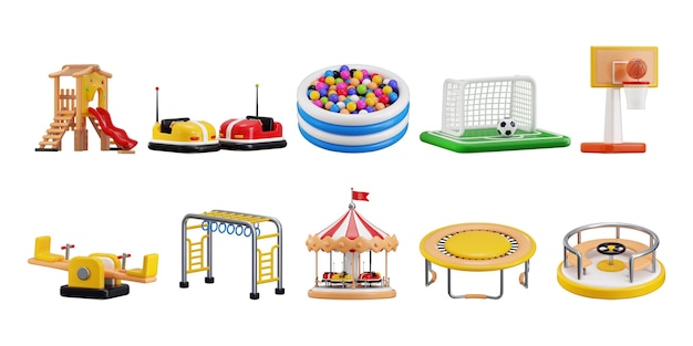 Parc d'aventure pour enfants terrain de jeu 3D rendu concept de différents types de diapositives de jeux pour enfants en plein air et plus encore
