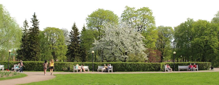PSD un parc avec un banc de parc et des gens assis sur un banc