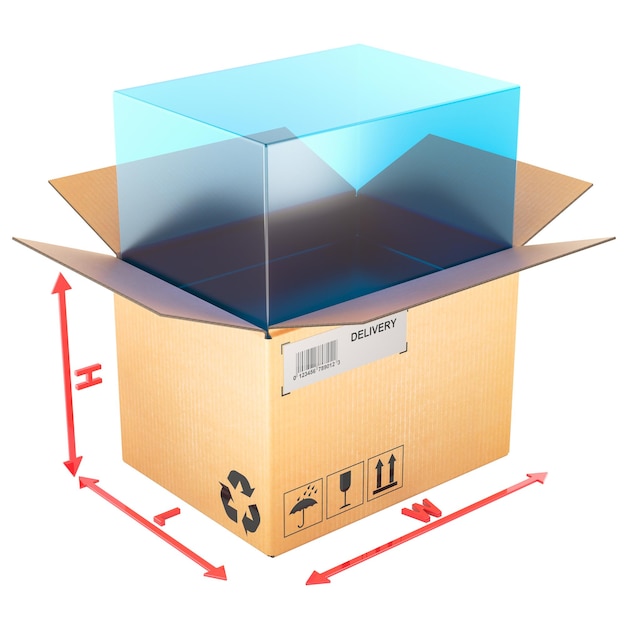 Parcel volumetric weight concept with cardboard box 3D rendering isolated on transparent background