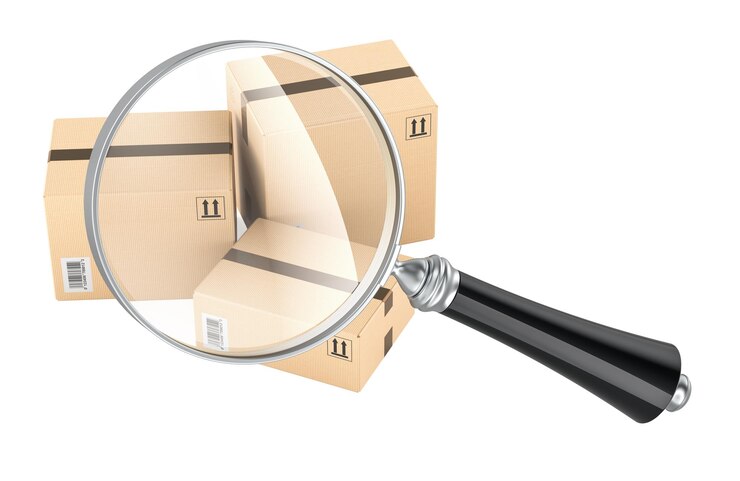 PSD parcels with magnifying glass loupe parcel tracking concept 3d rendering isolated on transparent background