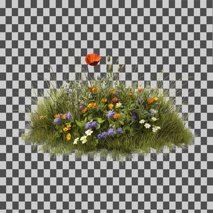 PSD un parche de flores silvestres con amapolas y margaritas en una hierba verde exuberante