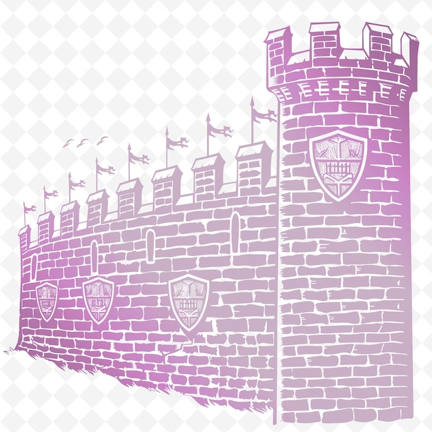 PSD una pared del castillo con un escudo y banderas en ella