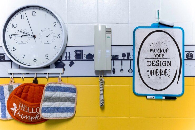 PSD pared de la cocina con una pizarra lista para agregar su propio diseño mockup