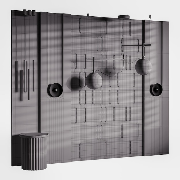 Una pared gris con un diseño en blanco y negro La pared está hecha de metal y tiene muchos agujeros Hay dos lámparas en la pared una a la izquierda y otra a la derecha
