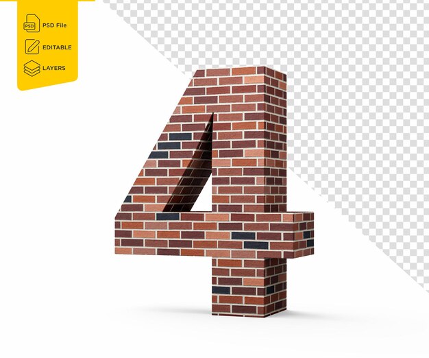 Pared de ladrillos número cuatro 4 dígitos hecha de paredes de ladrillo de colores sobre un fondo blanco Ilustración 3D