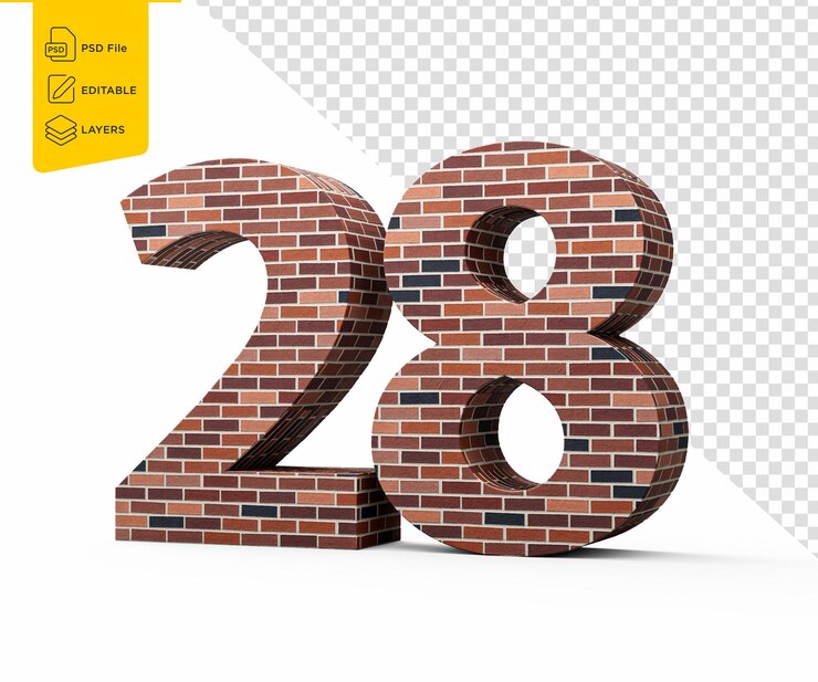 PSD pared de ladrillos número veintiocho 28 dígitos hecha de paredes de ladrillo de colores ilustración 3d