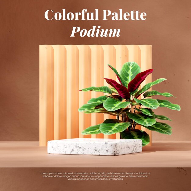 en pared marrón cuadrada fondo amarillo y calathea plantilla de maqueta de renderizado 3d podio de mármol blanco