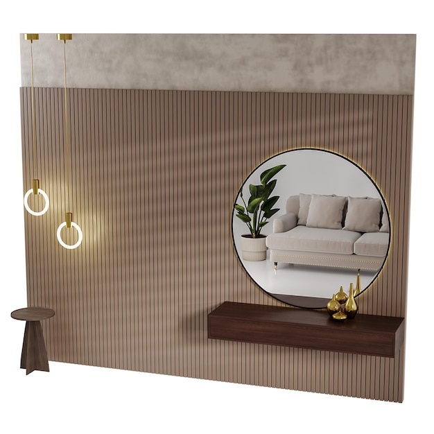 Una pared marrón con un espejo y una mesa el espejo es redondo y dorado la mesa es marrón y tiene un jarrón en ella