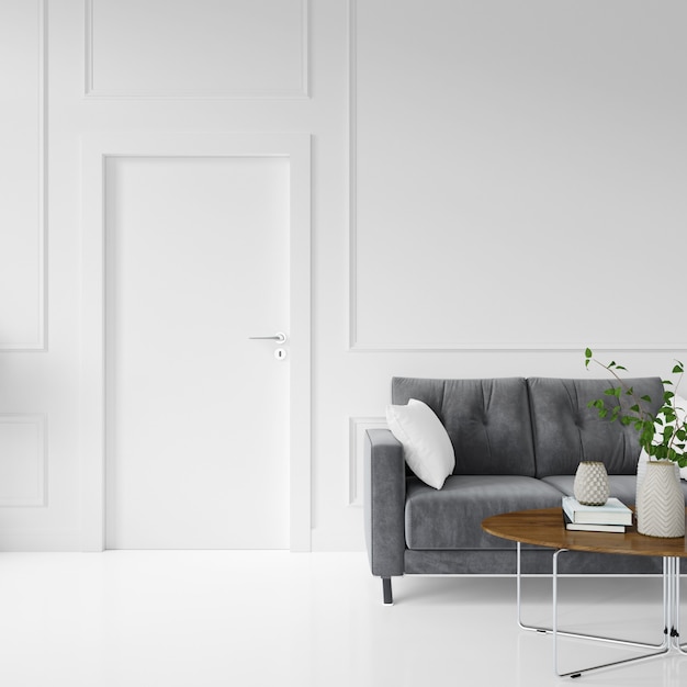 parede com porta em branco e sofá