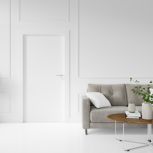 parede com porta em branco e sofá