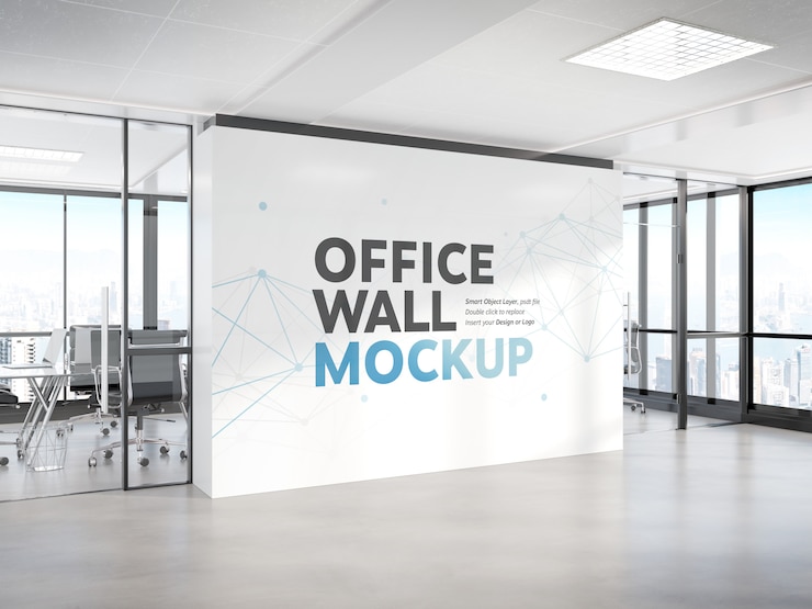 PSD parede em branco no escritório de concreto brilhante mockup