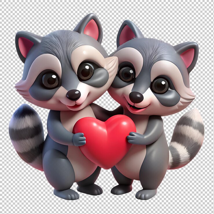 PSD una pareja de adorables mapaches de dibujos animados con un gran corazón rojo ilustración 3d aislado día de san valentín