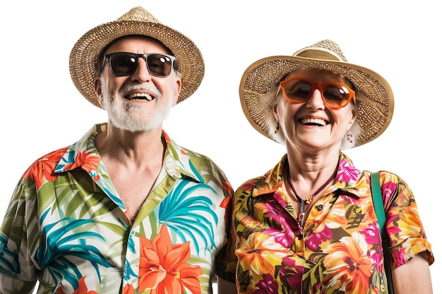 PSD pareja de ancianos alegre con ropa de verano tropical fondo transparente