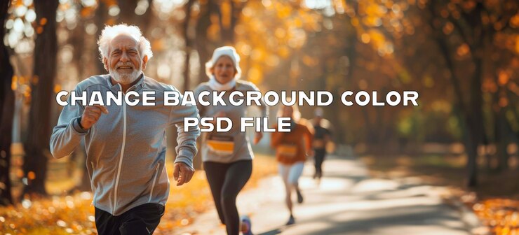 PSD una pareja de ancianos corriendo juntos en un parque de otoño soleado