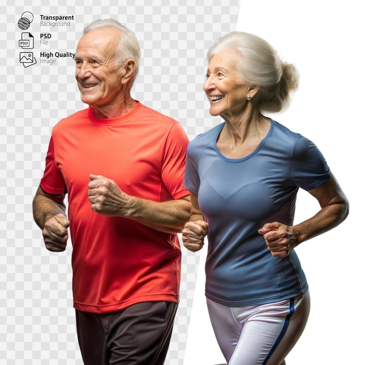 PSD una pareja de ancianos corriendo juntos con ropa deportiva permaneciendo activos y sanos