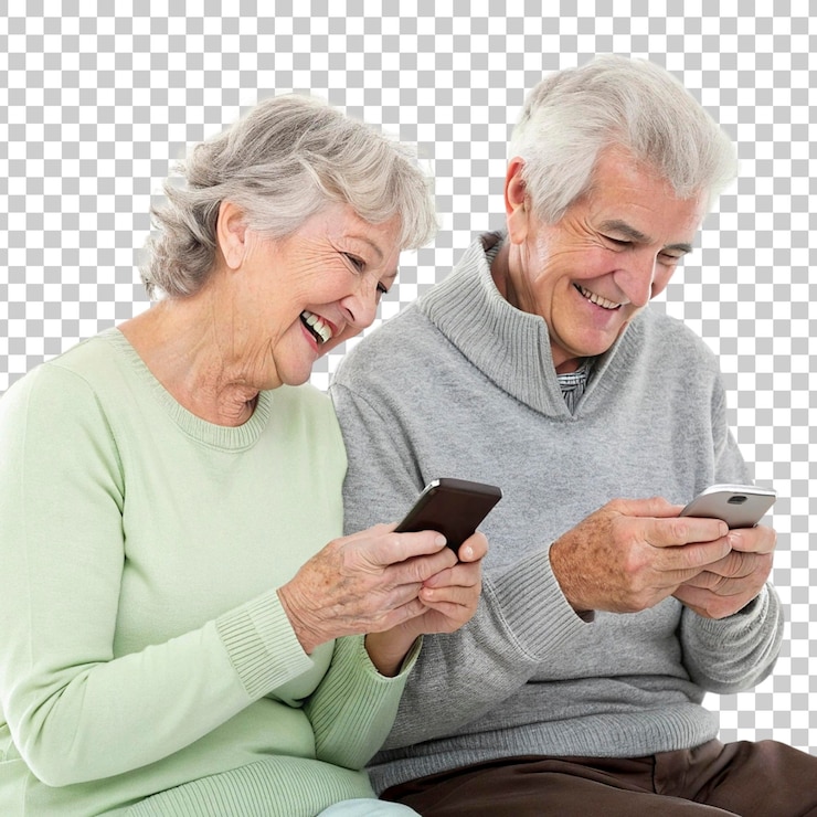 PSD una pareja de ancianos felices usando teléfonos inteligentes