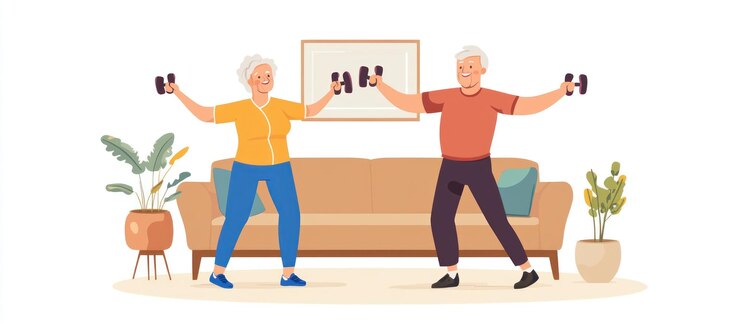 PSD una pareja de ancianos haciendo ejercicio en casa con pesas