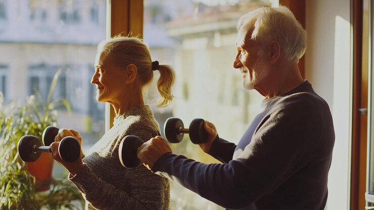PSD una pareja de ancianos levantando pesas junto a la ventana