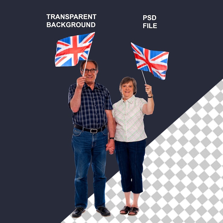 PSD una pareja de ancianos sosteniendo la bandera de estados unidos y también diferentes profesiones estadista y chef transparente bg