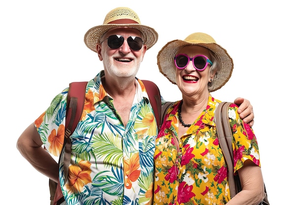 PSD pareja de ancianos con trajes tropicales disfrutando de la jubilación fondo transparente