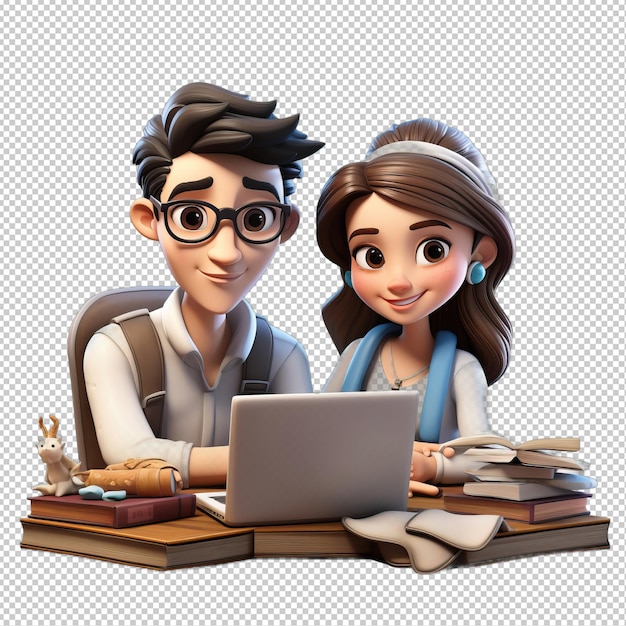 Pareja asiática estudiando en 3d estilo de dibujos animados fondo transparente i