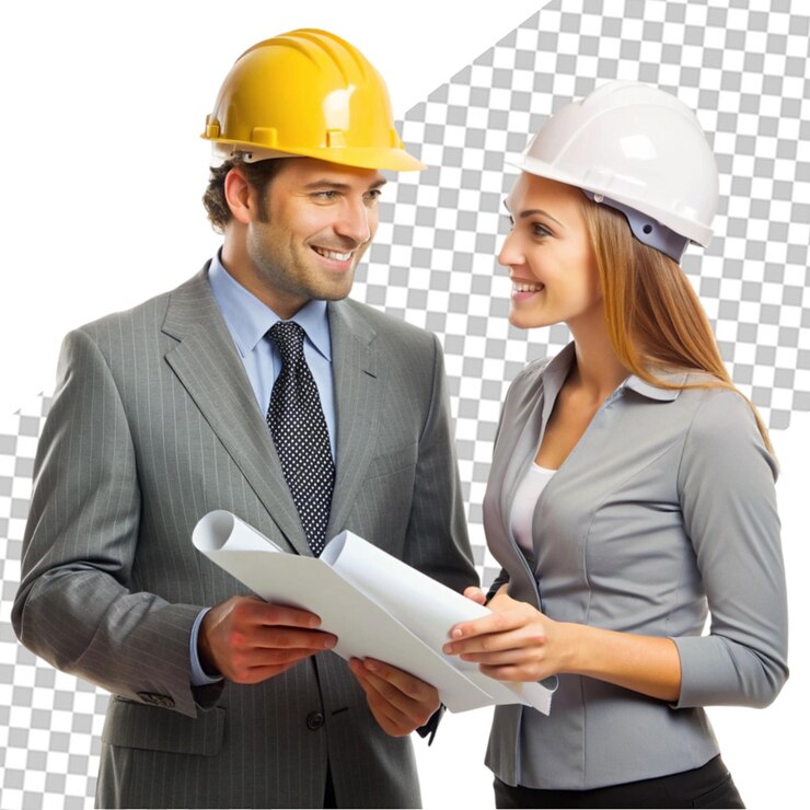 PSD la pareja asiática de ingenieros y arquitectos da gestos y expresiones en el campo de la construcción con gráficos