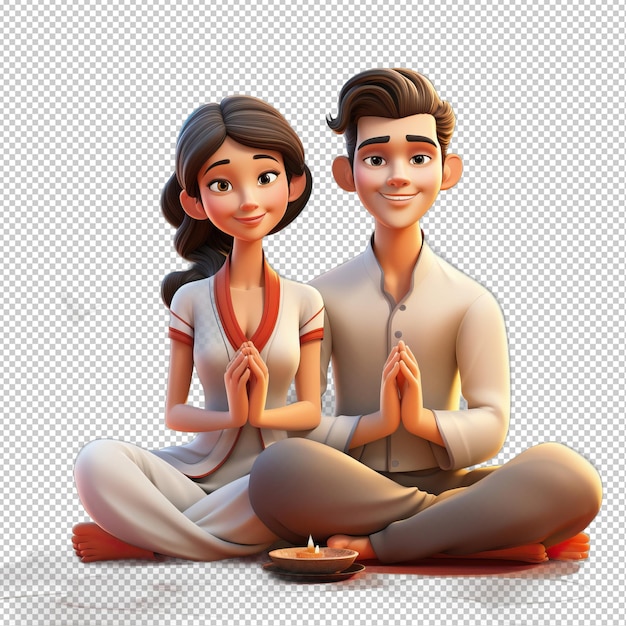 PSD una pareja asiática meditando en 3d con un fondo transparente al estilo de dibujos animados