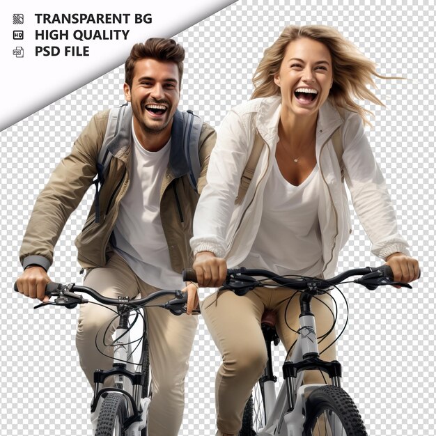 PSD una pareja blanca en bicicleta con un fondo blanco de estilo ultra realista