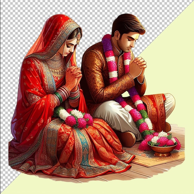 Una pareja de bodas indias de pie con un sari de seda y un sherwani