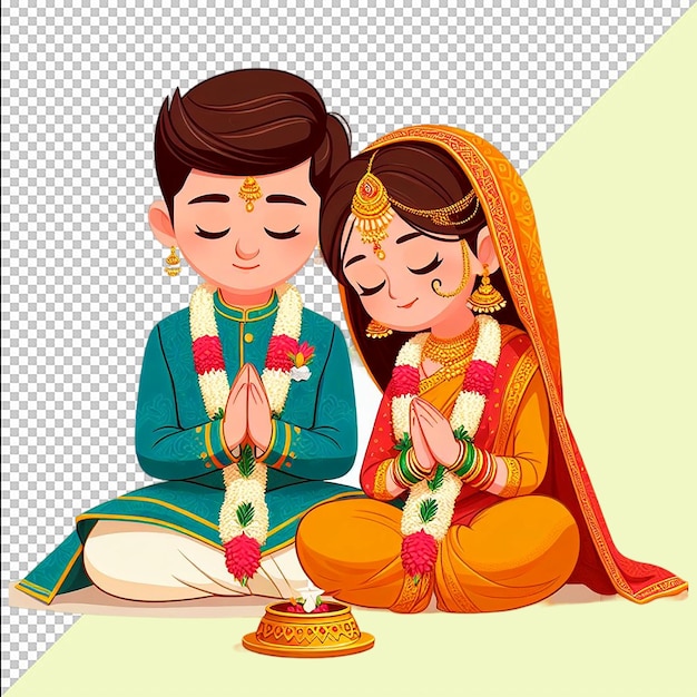 PSD una pareja de bodas indias de pie con un sari de seda y un sherwani