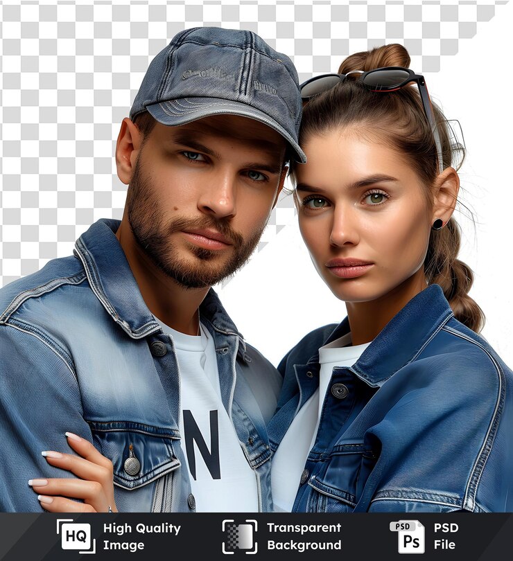 PSD una pareja con chaquetas de denim posando juntos con un fondo transparente una modelo de moda elegante se muestra
