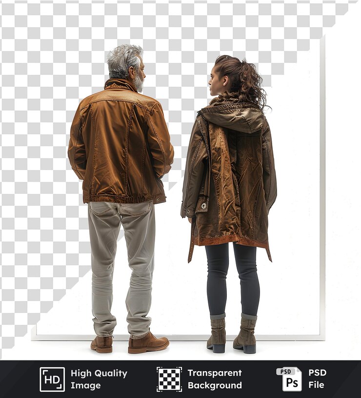 PSD una pareja con chaquetas marrones posa contra un fondo blanco moda elegante de otoño en un fondo transparente