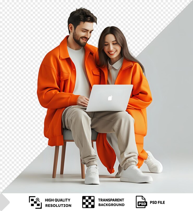PSD una pareja con chaquetas naranjas sonriendo mientras usan una computadora portátil en una silla con un fondo transparente