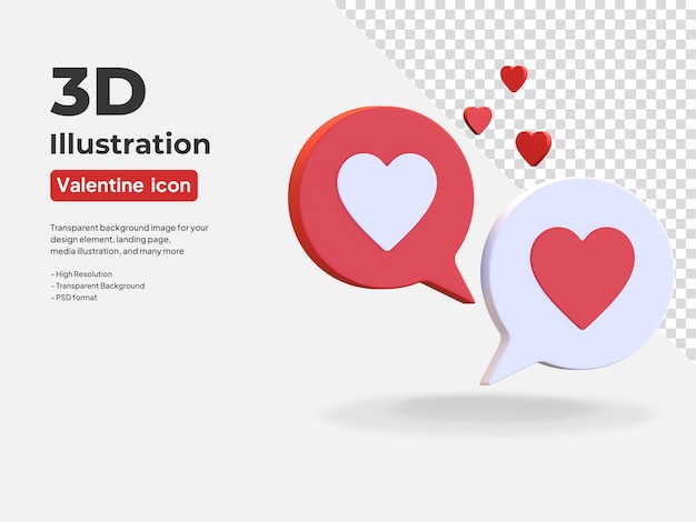 Pareja de chat y símbolo de conversación de amor icono del día de san valentín ilustración de render 3d