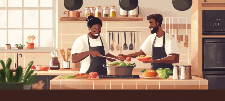 PSD una pareja cocinando juntos en una cocina acogedora