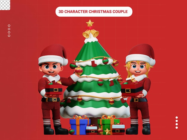 PSD pareja decorar árbol de navidad personaje 3d