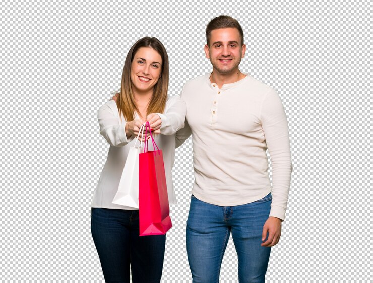 PSD pareja en el día de san valentín con un montón de bolsas de compras