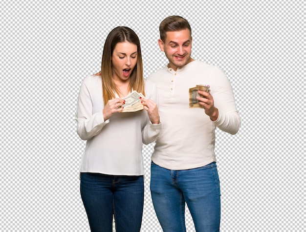 Pareja en el día de san valentín tomando mucho dinero