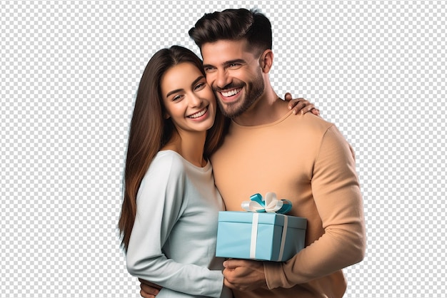 PSD pareja enamorada hombre guapo da un regalo a su esposa aislado en un fondo transparente