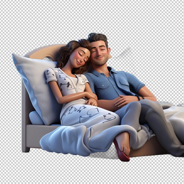 PSD una pareja estadounidense durmiendo una siesta en 3d con un fondo transparente al estilo de dibujos animados