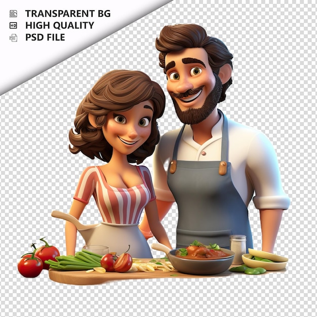 Una pareja europea cocinando en 3d con fondo blanco al estilo de dibujos animados